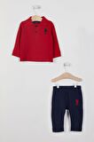 U.S. Polo Assn Lisanslı Yaka Düğmeli Kırmızı Erkek Bebek Uzun Kol Sweatshirt Takım