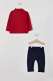 U.S. Polo Assn Lisanslı Yaka Düğmeli Kırmızı Erkek Bebek Uzun Kol Sweatshirt Takım