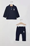 U.S. Polo Assn Lisanslı Yaka Düğmeli Lacivert Erkek Bebek Uzun Kol Sweatshirt Takım