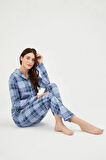 Eros 29630 Mavi Pamuklu Ekose Önden Düğmeli Kadın Pijama Takımı 