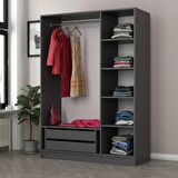 Minar Kale 3 Cam Kapaklı 2 Çekmeceli Dolap - Antrasit/Siyah 210CM