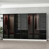 Minar Kale 7 Cam Kapaklı 4 Çekmeceli Dolap - Beyaz/Siyah 210CM