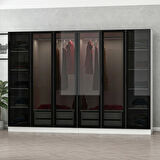 Minar Kale 6 Cam Kapaklı 4 Çekmeceli Dolap - Beyaz/Siyah 190CM