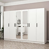 Minar Kale 6 Kapak Aynalı 4 Çekmece Zincir Dolap - Beyaz 210CM