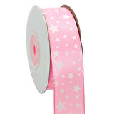 Saten Kurdele, Yıldız Baskılı, 2,50 cm x 23 mt - PEMBE