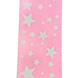 Saten Kurdele, Yıldız Baskılı, 2,50 cm x 23 mt - PEMBE