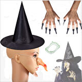 Halloween Cadı Burnu, Şapka, Tırnak, Çene ve Diş Seti