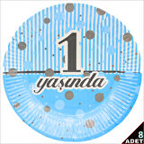 1 Yaşında Karton Tabak, 23cm x 8 Adet - Mavi