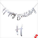 Happy Birthday Parlak Karton Kaligrafi Banner, 2 mt - Gümüş