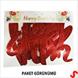 Happy Birthday Simli Folyo Karton Banner, 2 mt - Kırmızı