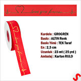 Grogren Kurdele Love You Altın Baskılı, 2,5cm x 23mt - Kırmızı