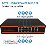 Nova ND1P802LFG 8 Port Poe+ 10-100 Mbps 2 Port 10-100-1000 Uplink Switch 150W