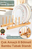 Çok Amaçlı Düzenleyici Bulaşıklık Plak Tabak Kitap Mutfak Organizer 8 Bölmeli Bambu Tabak Standı