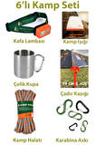 6’lı KAMP SETİ-Kafa Lambası, Çadır Işığı, Çelik Kupa, Çadır Kazığı, Kamp Halatı, Karabina Askıları