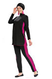 Likralı Tam Kapalı Mayo Siyah Sportif Tasarım Pembe Garni