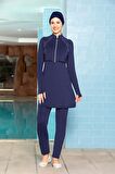 Tesettür Mayo Likralı Yarım Fermuarlı Lacivert Sportif