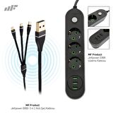 MF Product 0366 Koruma Anahtarlı 3 USB'li 3'lü Grup Priz 2 mt + 0060 Metal Başlıklı Örgülü 3 in 1 Hızlı Şarj Kablosu