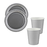 Gri (Gümüş) Renk Karton Tabak Bardak Seti - 8 Kişilik