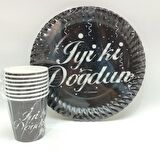 İyi Ki Doğdun Siyah Gümüş Karton Tabak Bardak Seti - 8 Kişilik