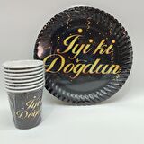 İyiki Doğdun Siyah Gold Karton Tabak Bardak Seti - 8 Kişilik