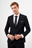 Erkek Siyah Basic Düz Slim Fit 3'lü Takım Elbise Slim Fit Gömlek Düz Kravat