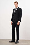 Erkek Siyah Basic Düz Slim Fit 3'lü Takım Elbise Slim Fit Gömlek Düz Kravat