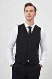 Siyah Yelekli Basic Düz Slim Fit Dar Kesim 6 Drop Erkek Takım Elbise