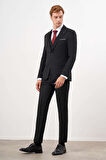 Siyah Yelekli Jakarlı Slim Fit Dar Kesim 6 Drop Erkek Takım Elbise