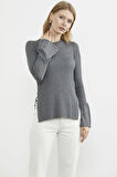 Kol Detaylı Derbili Triko Kazak - Koyu Gri