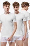 Erkek Beyaz 3 lü Yuvarlak Yaka Modal İnce Yaz Serinliği Tişört 3M084