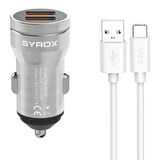 Syrox SC20T 3.1A Q.C. 3.0 1mt USB-A - Type-C Kablolu 2xUSB-A Port Çıkışlı Hızlı Araç Şarj Cihazı - Gri