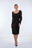 Seçil V Yaka Büzgülü Uzun Kollu Siyah Kadın Elbise 2221001004