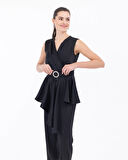 Kemerli Peplum Kolsuz Şık Tulum-Siyah | 36