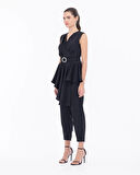 Kemerli Peplum Kolsuz Şık Tulum-Siyah | 36