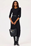 Kadın Fırfır Detaylı Uzun Kollu Triko Elbise - Siyah | L