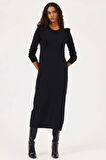 Kadın Fırfır Detaylı Uzun Kollu Triko Elbise - Siyah | L