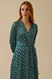 Kadın V Yaka Desenli Kuşak Detaylı Elbise - Yeşil | 36