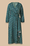 Kadın V Yaka Desenli Kuşak Detaylı Elbise - Yeşil | 36