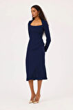 Kadın Kare Yaka Midi Boy Şık Elbise - Lacivert | 42