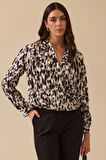 Seçil Kadın Kruvaze Yaka Leopar Desenli Bluz 0003 Siyah