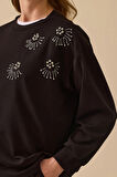 Seçil Kadın Yuvarlak Yaka Taş İşlemeli Sweatshirt 0001 Siyah