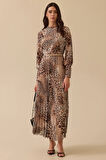 Seçil Kadın Leopar Desen Kemer Detaylı Maksi Elbise 0025 Camel