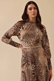 Seçil Kadın Leopar Desen Kemer Detaylı Maksi Elbise 0025 Camel