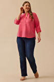 Kadın Büyük Beden Hakim Yaka Düğme Detaylı Bluz - Pembe | 46
