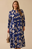 Galaxi Kadın Büyük Beden Desenli Fırfır Detaylı Elbise 4008 Lacivert
