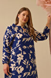 Galaxi Kadın Büyük Beden Desenli Fırfır Detaylı Elbise 4008 Lacivert