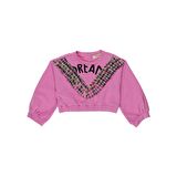Panço Kız Çocuk Kazayağı Desenli Tül Detaylı Sweatshirt Fuşya