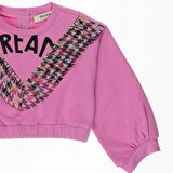 Panço Kız Çocuk Kazayağı Desenli Tül Detaylı Sweatshirt Fuşya