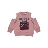 Panço Kız Çocuk  Omuz Detaylı Baskılı Sweatshirt Pembe