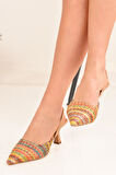Kadın Çok Renkli Örgü Detaylı Sivri Burunlu Topuklu Ayakkabı